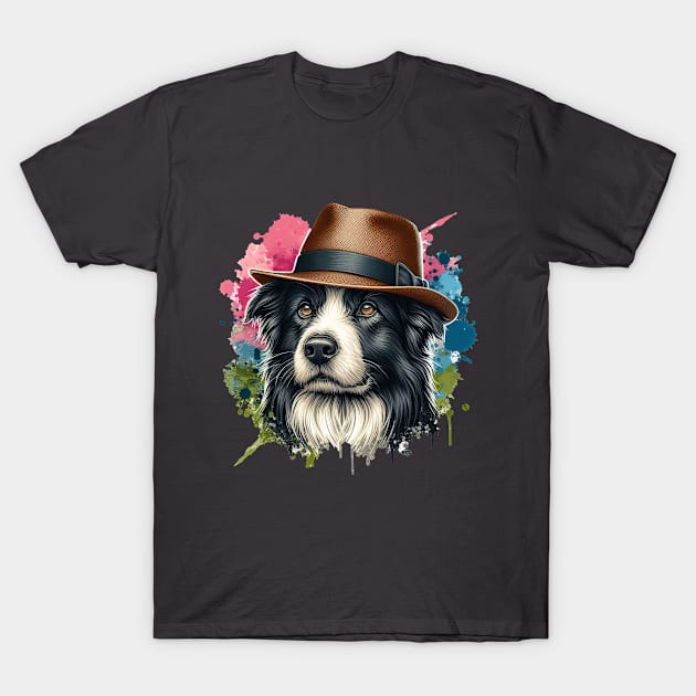 Border Collie Wearing Straw Hat T-Shirt by Automotive_King